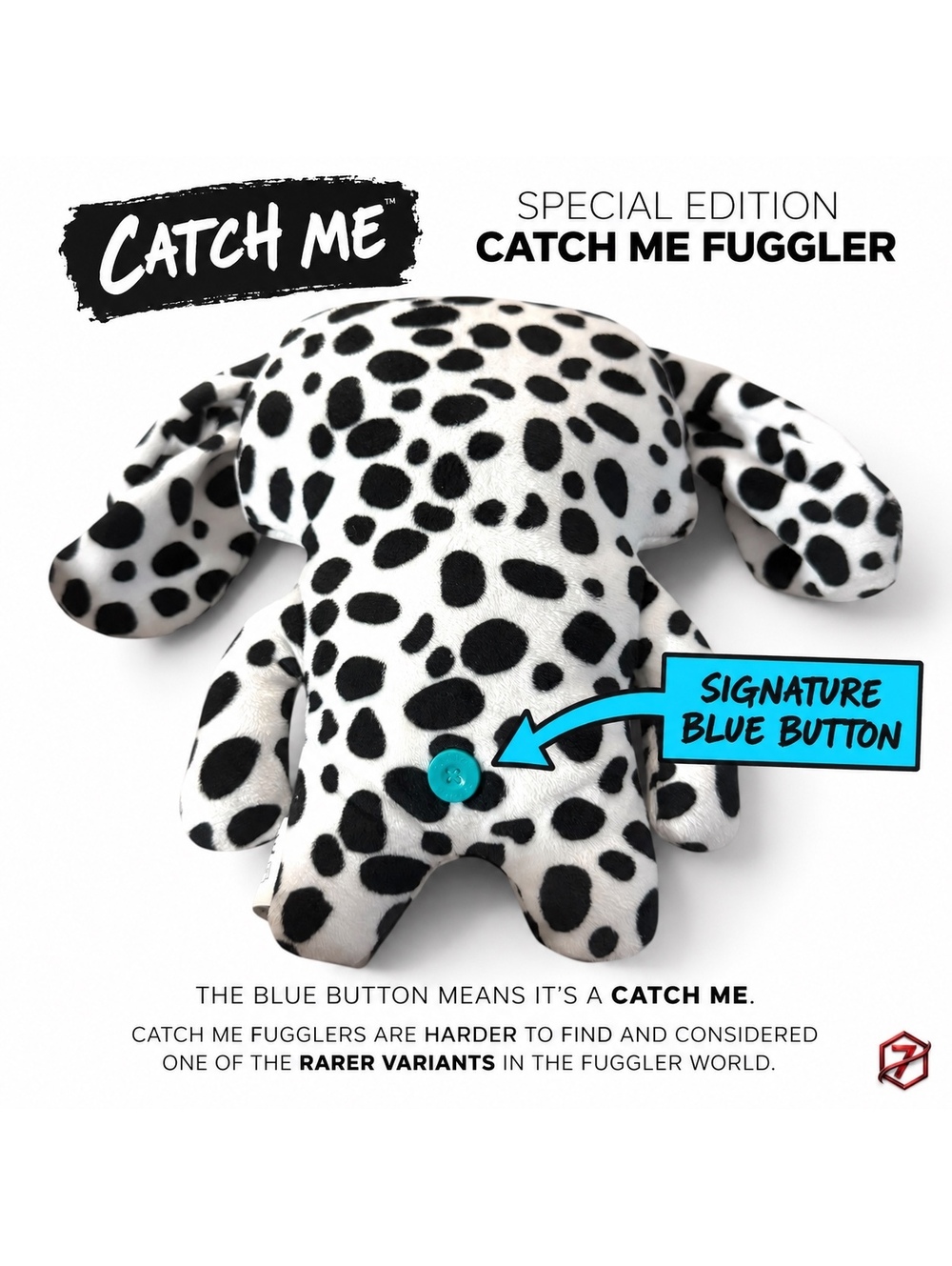 Fuggler Catch Me Dalmatian Dog Plush Black White Spotted Blue Button